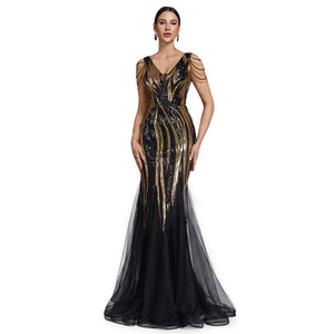beaded sequin v-neck v-back mermaid gown for women front view