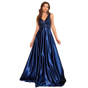 Black sequin embroidered V-neck backless maxi ball gown front view