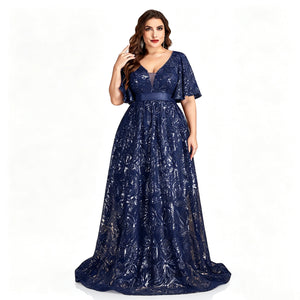 navy floral sequin gown for women front view