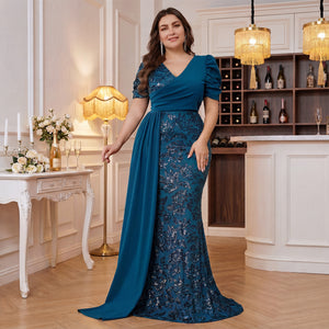 teal satin sequin mermaid gown for women on model for evening events & weddings