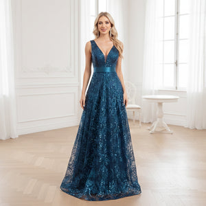 Sequin V-neck backless ball gown full length on model
