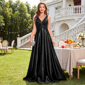 women black satin sequin evening gown v neck belted long formal party dress outdoor scene