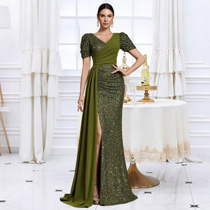 Model Wearing Olive Green Sequin Formal Dress with Asymmetrical Waist Drape