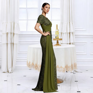 Side Profile of Olive Green Puff Sleeve Sequin Mermaid Gown