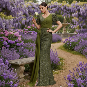 Olive Green Sequin Mermaid Gown with Side Overskirt in Garden