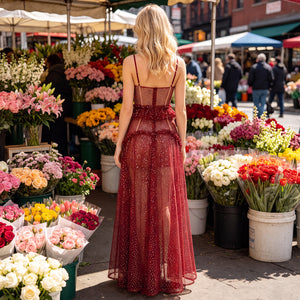 ruffle trim see-through slip dress for women back view