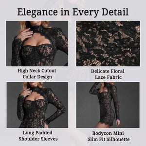 black lace long sleeve corset mini dress for women fabric and detail close-up