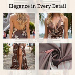 draped floral halter maxi dress for women fabric and detail close-up