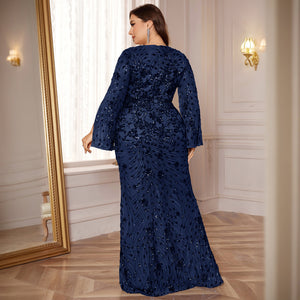 Plus size navy blue sequin mermaid evening gown with V-neck cape sleeves - back view