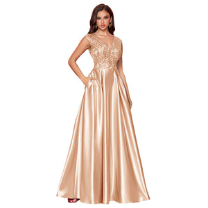Champagne Gold V-Neck Sequin Embroidered A-Line Maxi Dress Front View