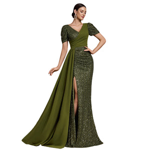 Olive Green Sequin Puff Sleeve V-Neck Slit Mermaid Evening Dress Front View