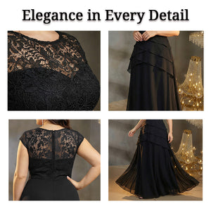 Detail collage of BluePlum plus‑size black lace cap‑sleeve tiered gown