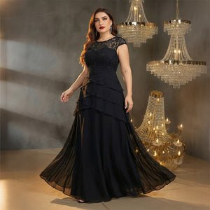 Side view of black lace tiered evening gown for mother of the bride