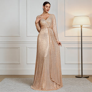 Model Wearing Champagne Gold Sequin Asymmetric Wrap Evening Dress