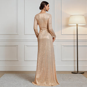 Back View of Champagne Gold Long Sleeve Sequin Formal A-Line Gown