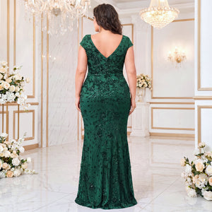V-Back View of Plus Size Dark Green Sequin Mermaid Formal Dress