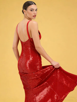 deep v halter sequin mermaid gown for women back view
