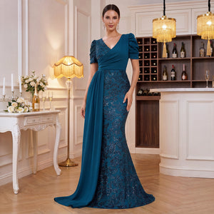 V-Neckline and Puff Sleeves Details of Peacock Blue Sequin Evening Dress