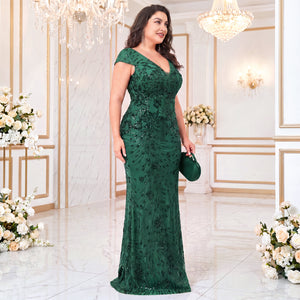 Side View of Dark Green Sequin Plus Size Mermaid Evening Dress