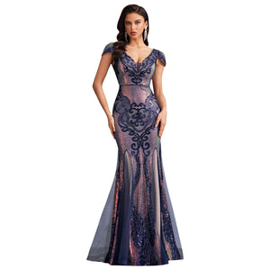 Navy Sequin Embroidered Mesh Cap Sleeve Mermaid Evening Dress Front View