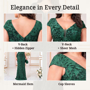 V-Back with Hidden Zipper, V-Neck Mesh, Mermaid Silhouette, and Cap Sleeve Details