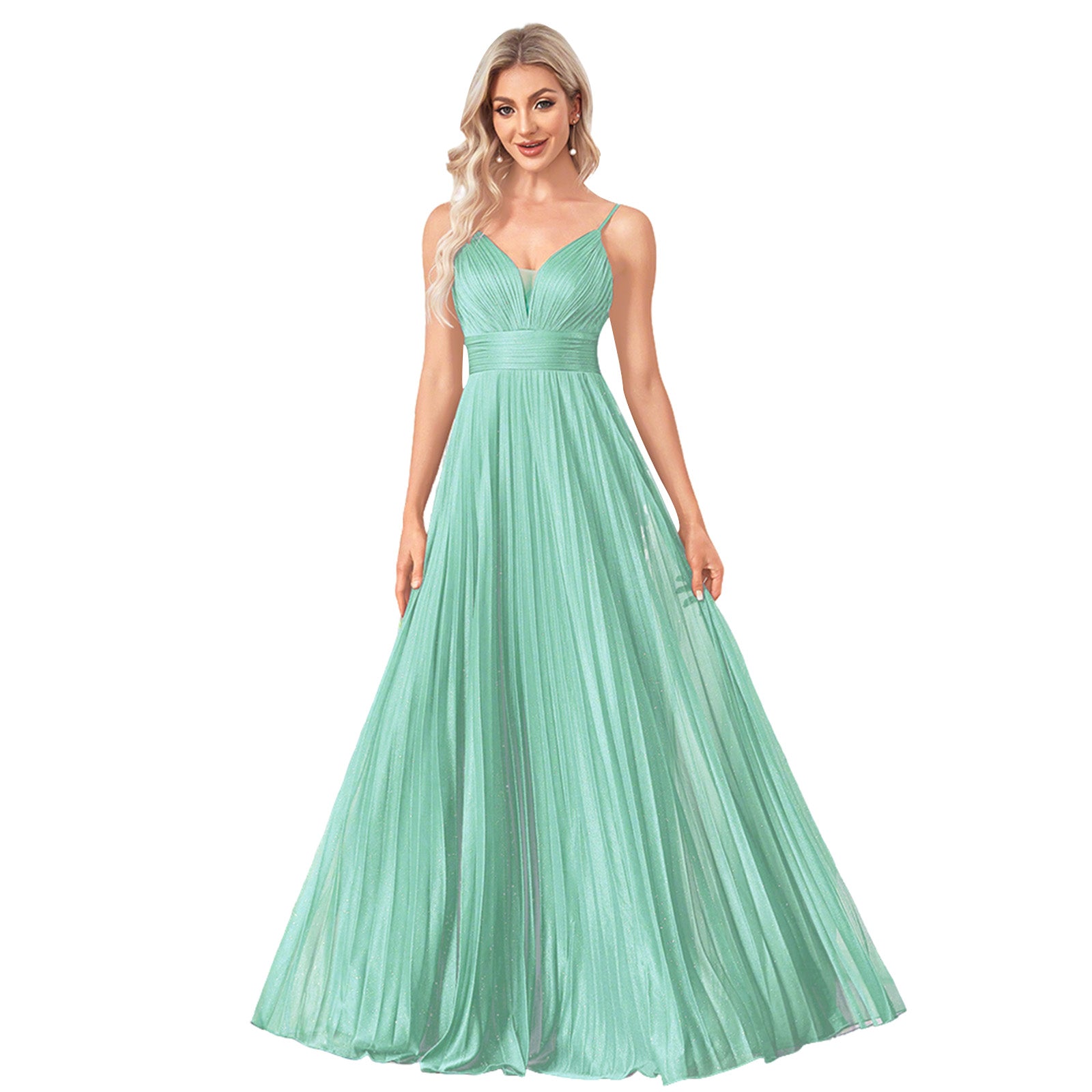 Sparkles Mesh Deep V Pleated Maxi A Line Formal Dress
