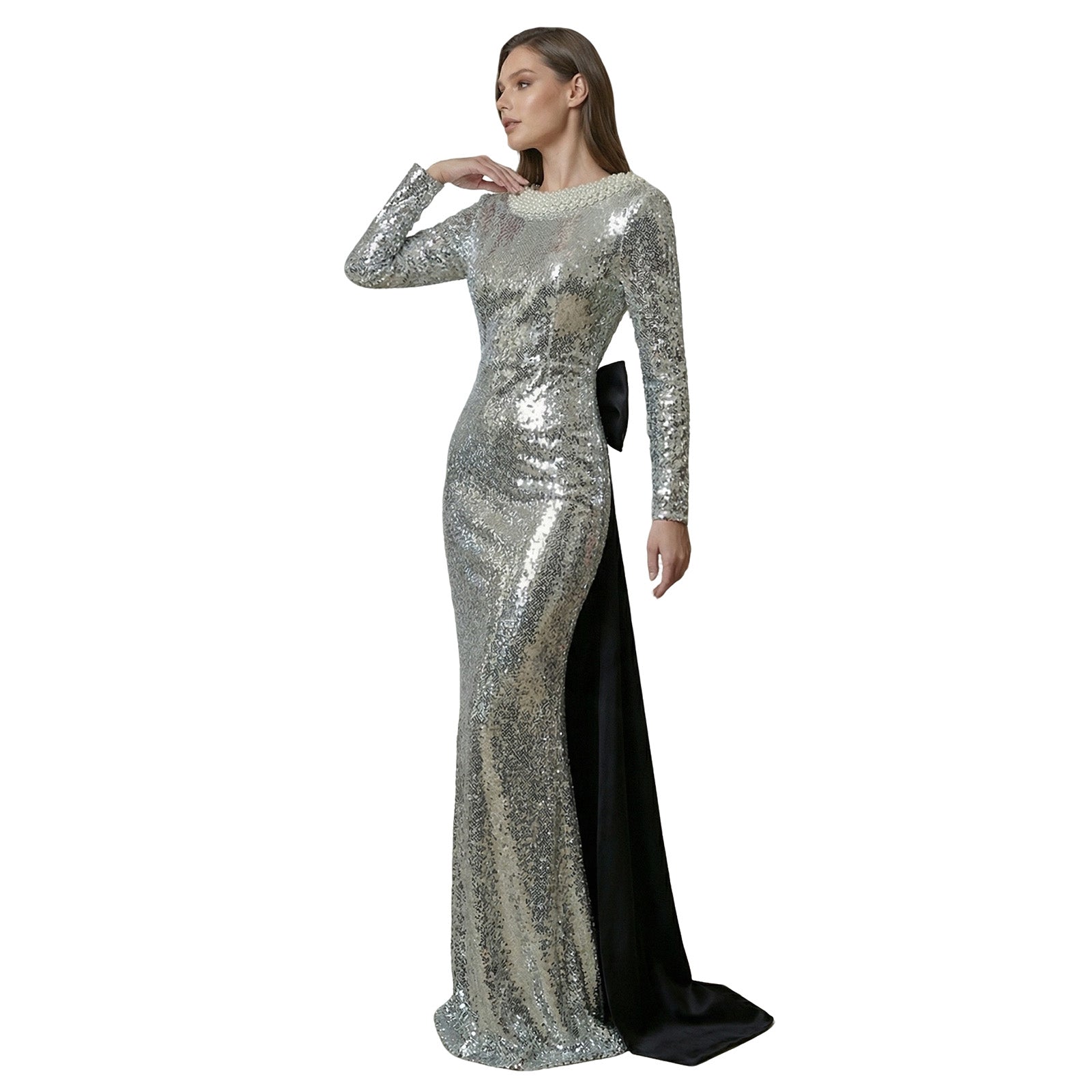 Silver Sequin Pearl Beaded Long Sleeve Mermaid Evening Gown