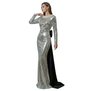 silver sequin pearl beaded mermaid gown for women front view