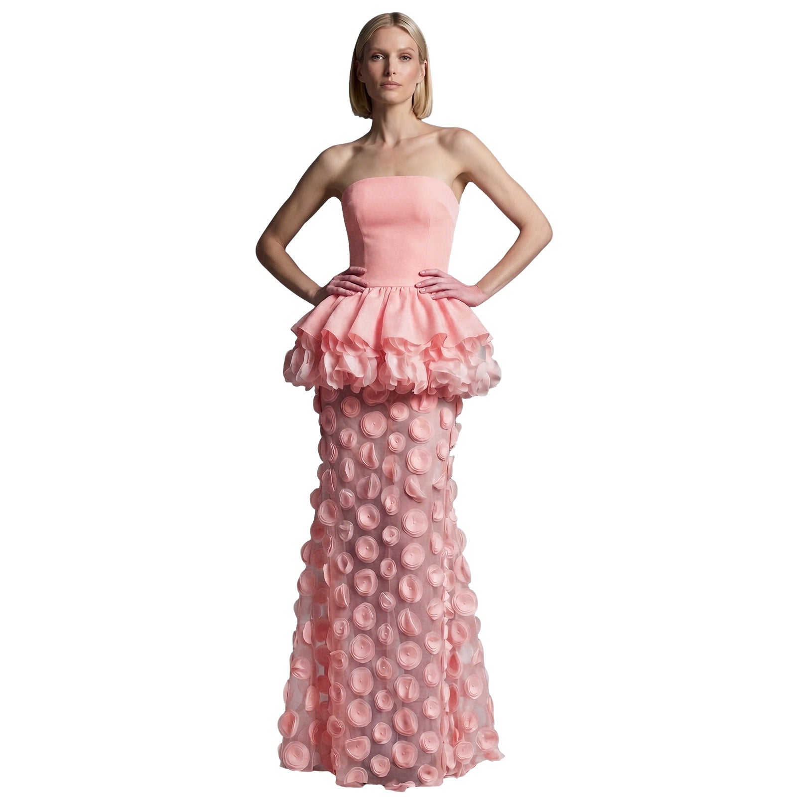 Blush Strapless 3D Flower Mesh Mermaid Formal Evening Gown