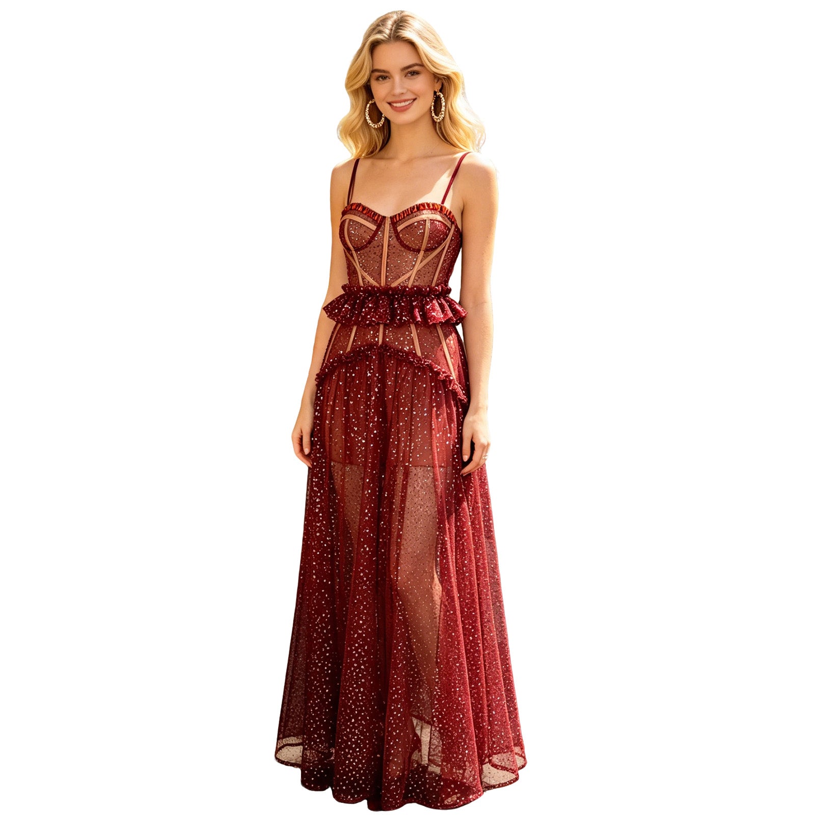 Ruffle Trim See Through Formal Slip Dress