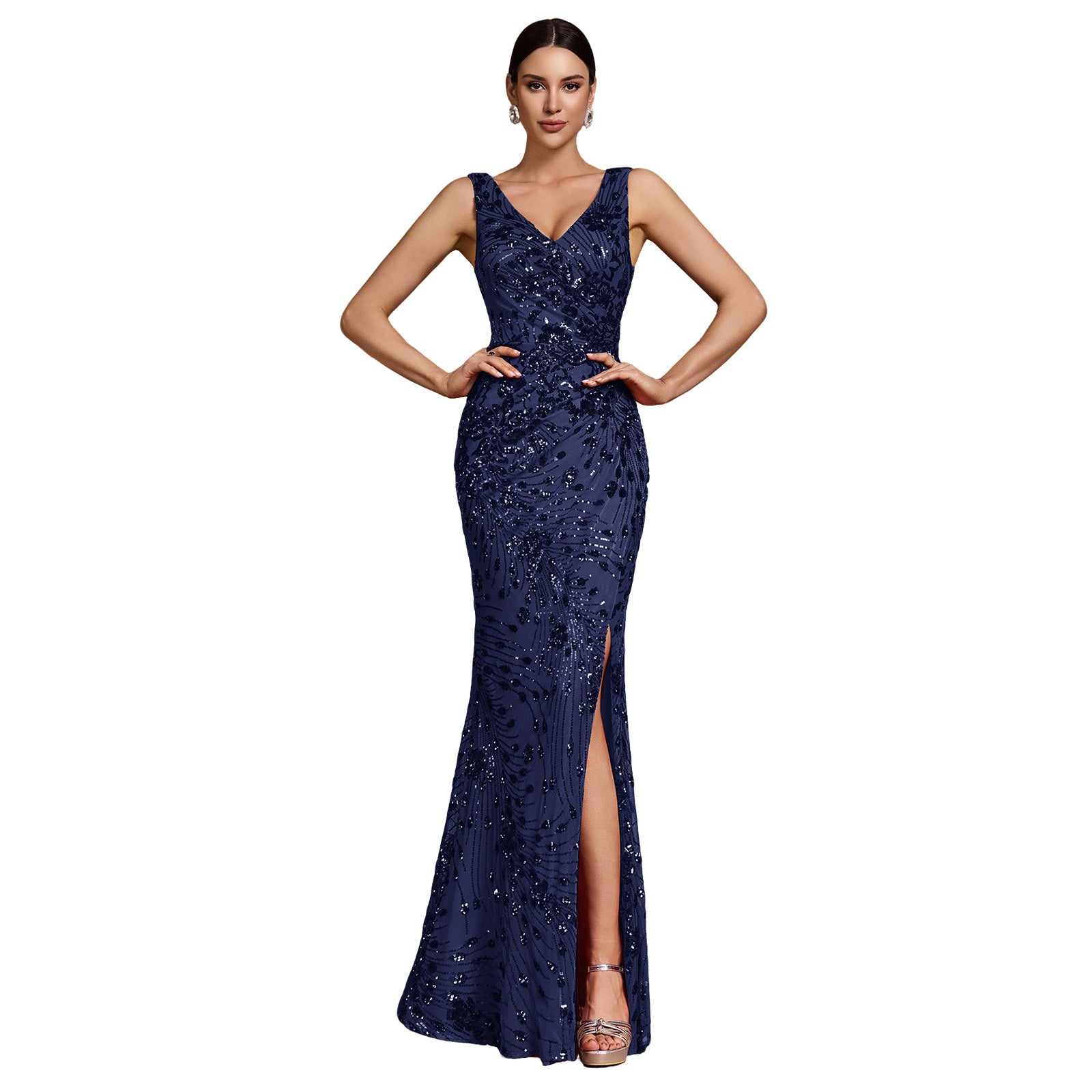 Embroidered Sequin Deep V Slit Mermaid Maxi Formal Gown