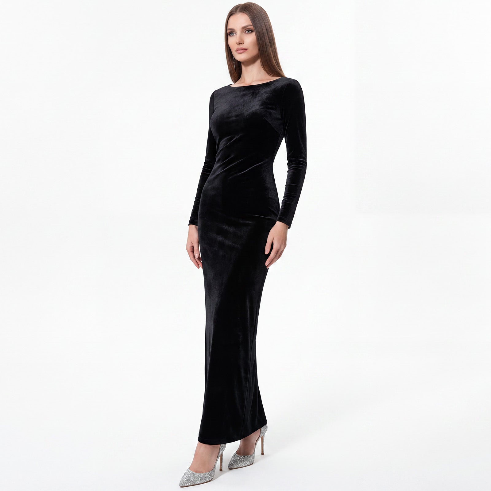 Elegant Black Velvet Long Sleeve Mermaid Evening Gown