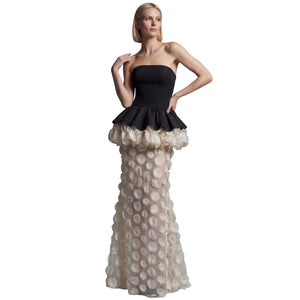 Black and Cream Strapless 3D Floral Peplum Mermaid Dress Front View