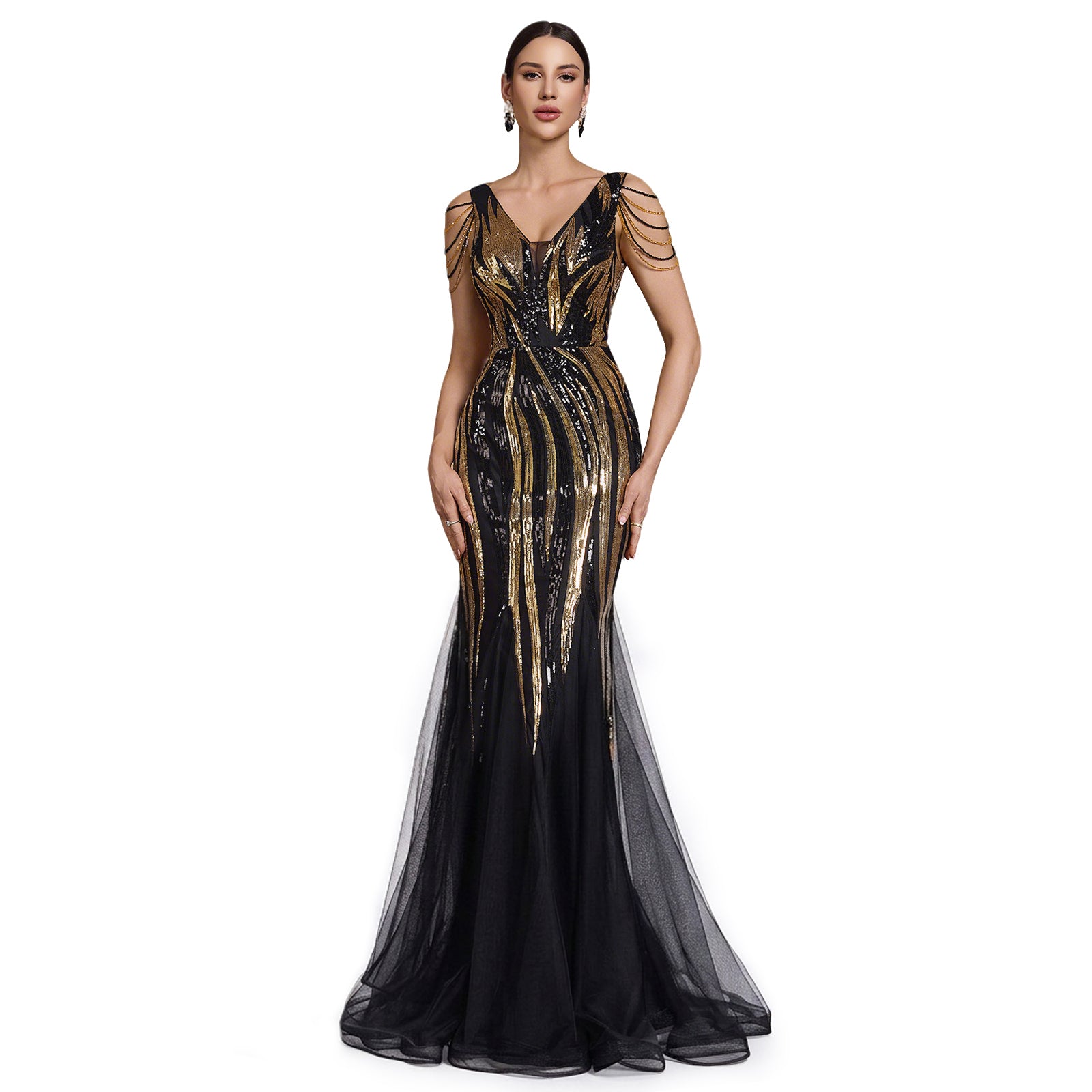Beaded Sequin V-Neck V-Back Mesh Mermaid Maxi Evening Gown