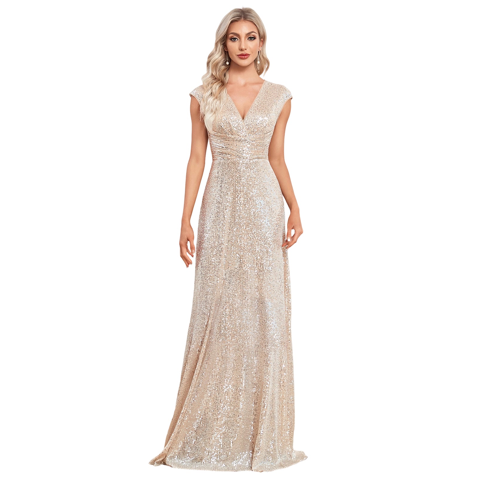 Sequin Embroidery Cap Sleeve V-Neck A-Line Maxi Dress