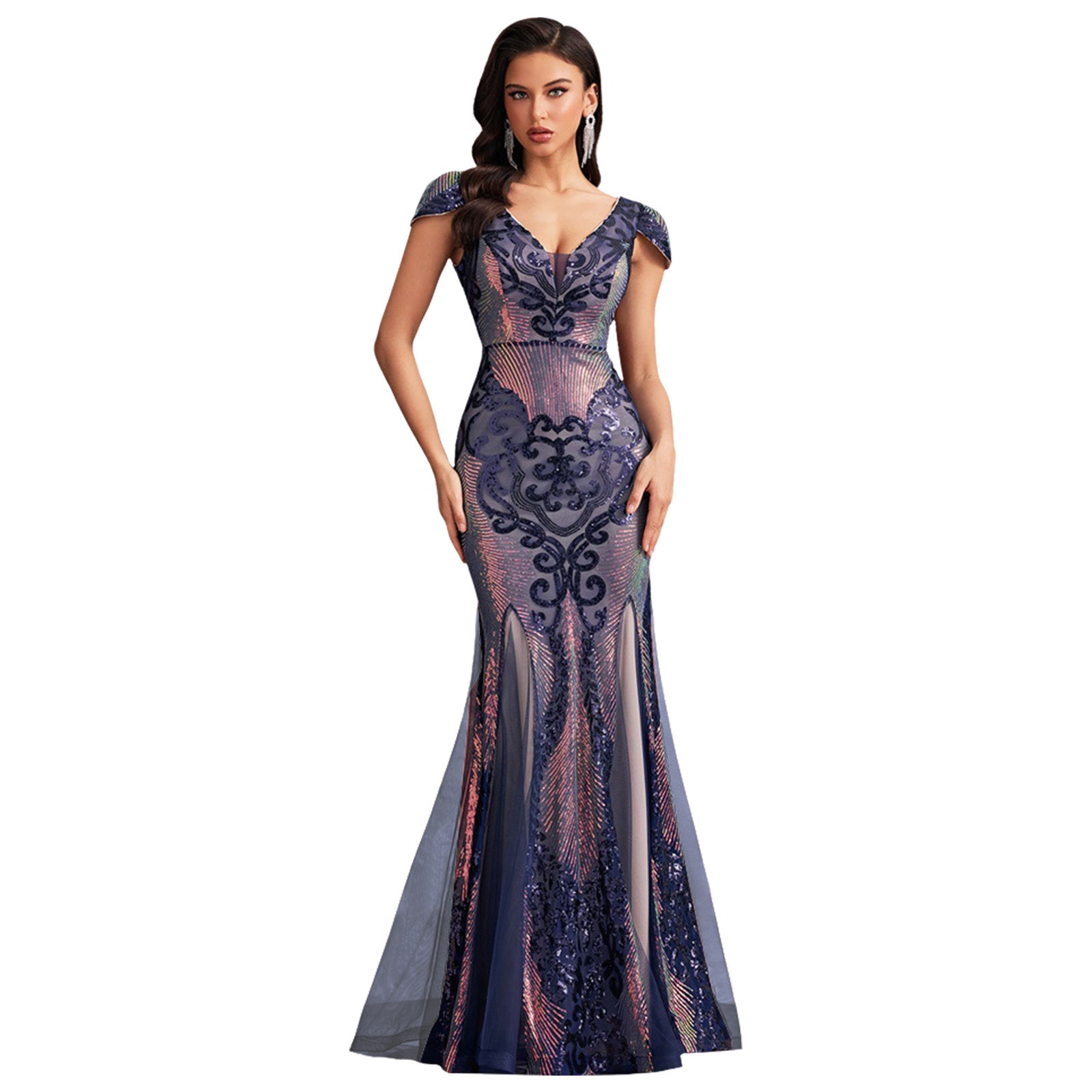 Sequin Embroidered Mesh Cap Sleeve V-Neck V-Back Mermaid Maxi Evening Dress
