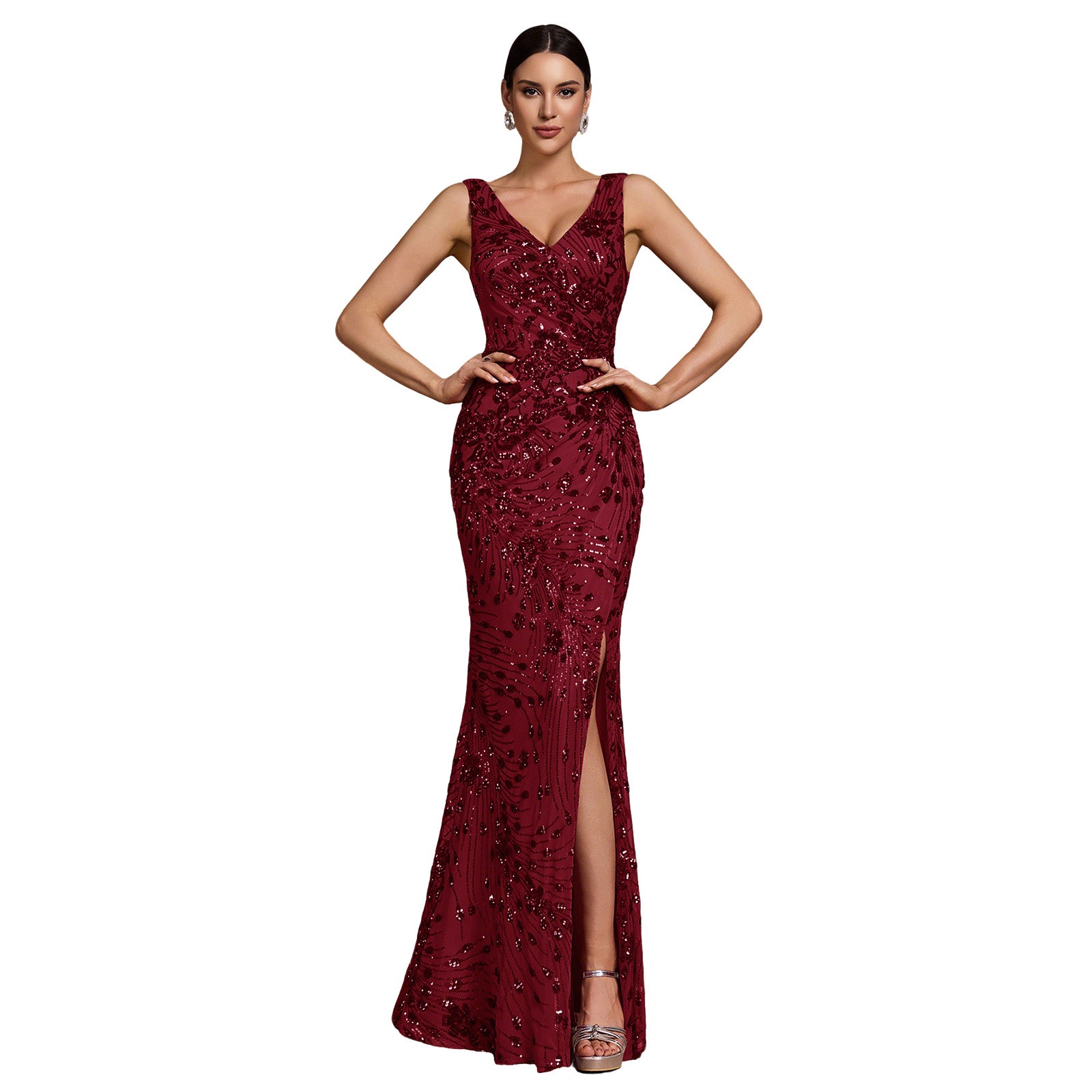 Embroidered Sequin Deep V Slit Mermaid Maxi Formal Gown