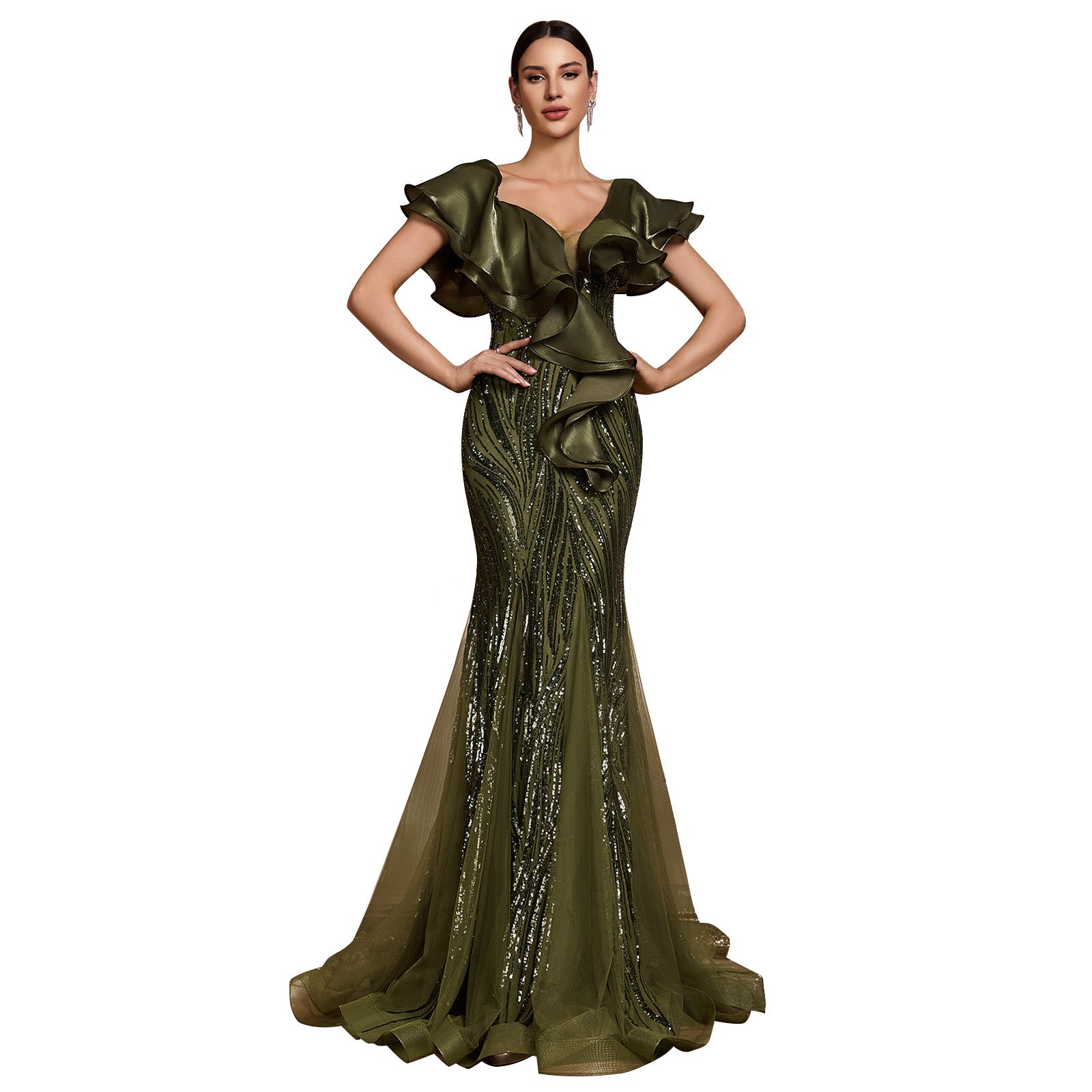 Sequin Ruffle Sleeve V-Neck Backless Mesh Mermaid Maxi Formal Dress