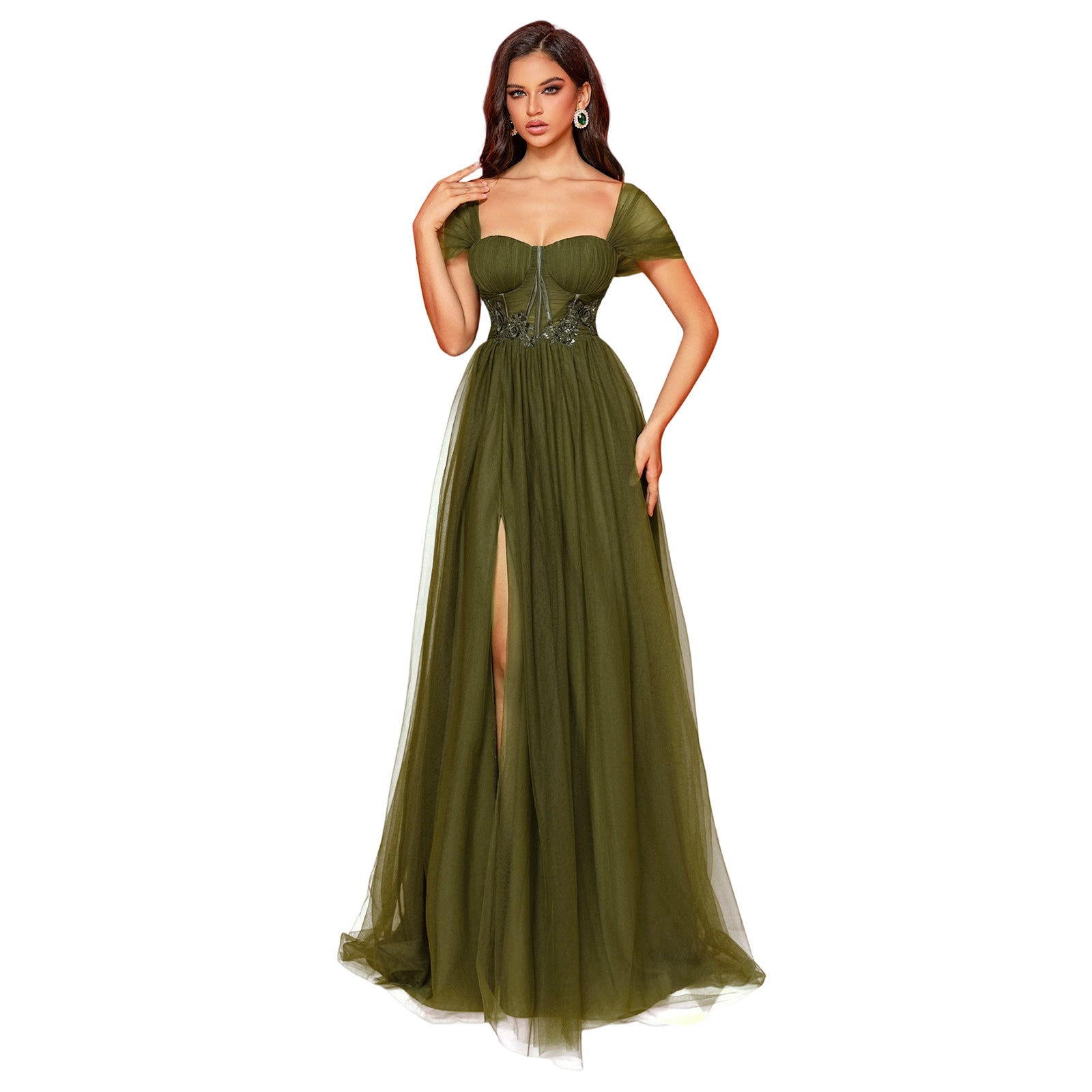 Lace Sequin Embroidery Backless Mesh Slit A-Line Maxi Formal Dress