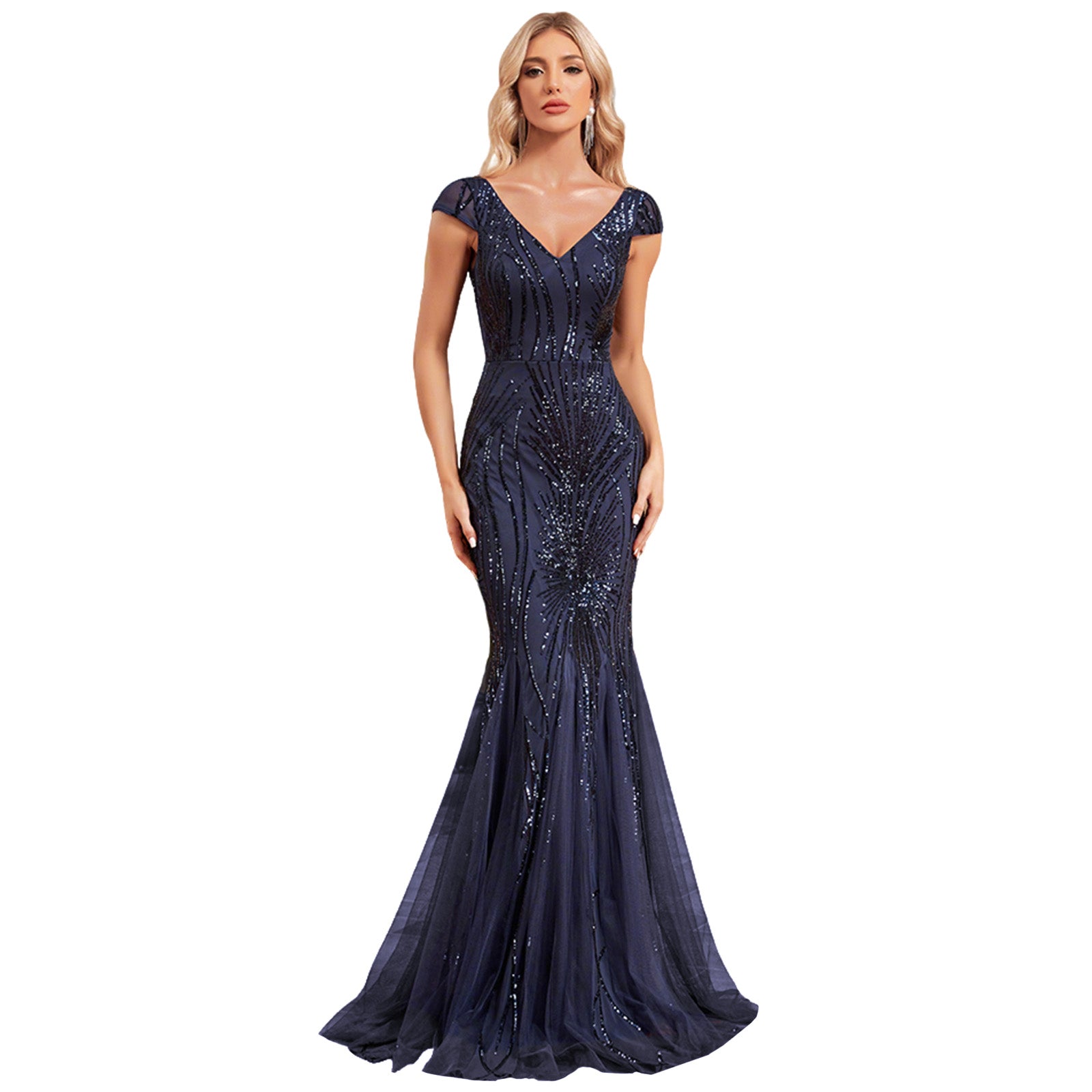 Sequin Cap Sleeve V-Neck Mermaid Maxi Dress