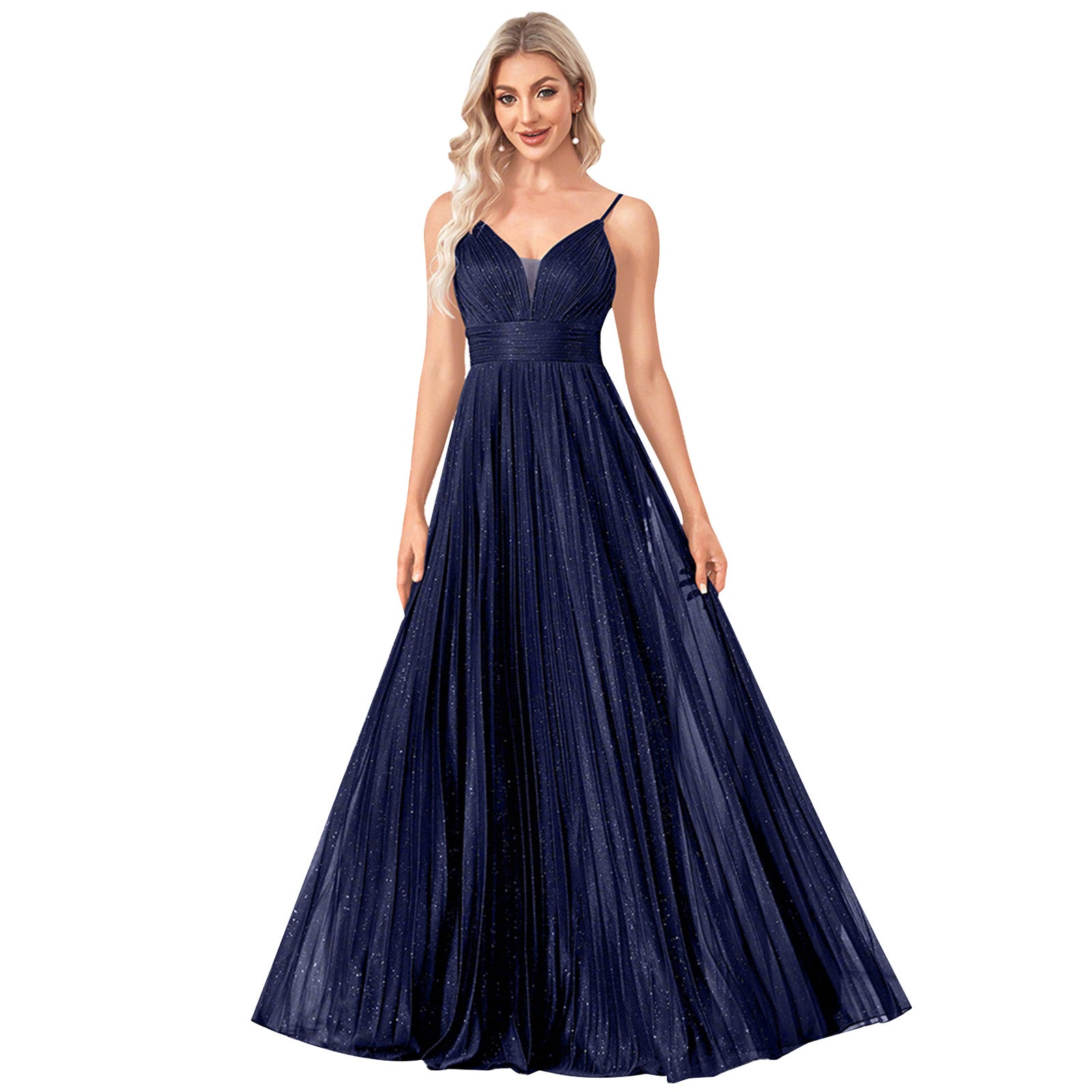 Sparkles Mesh Deep V Pleated Maxi A Line Formal Dress
