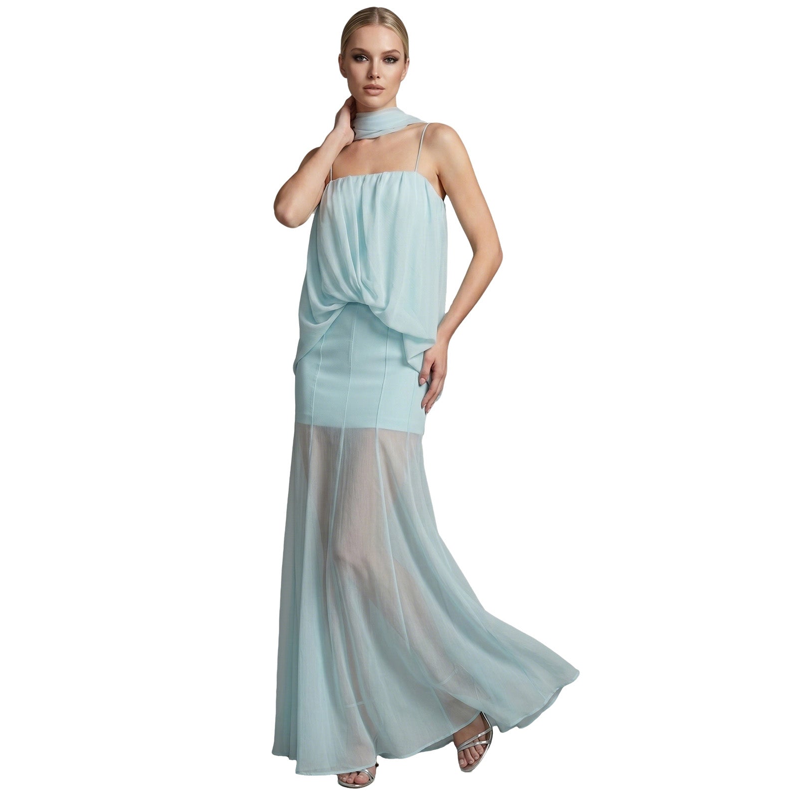 Spaghetti Strap Sheer Chiffon Maxi Dress Light Blue Flowy Beach Resort Cover Up Dress