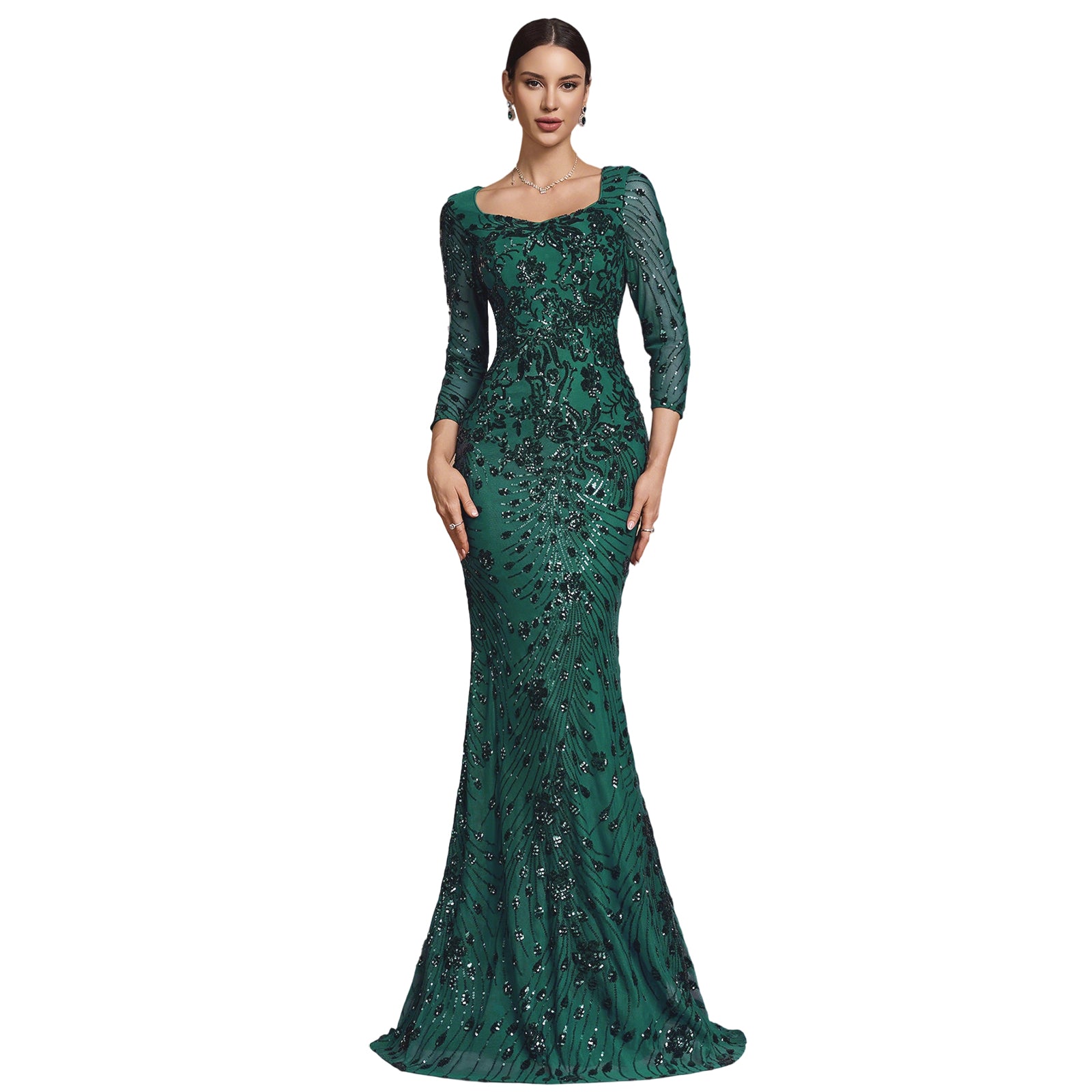 Sequin Embroidery 3/4 Sleeve Mermaid Maxi Formal Gown