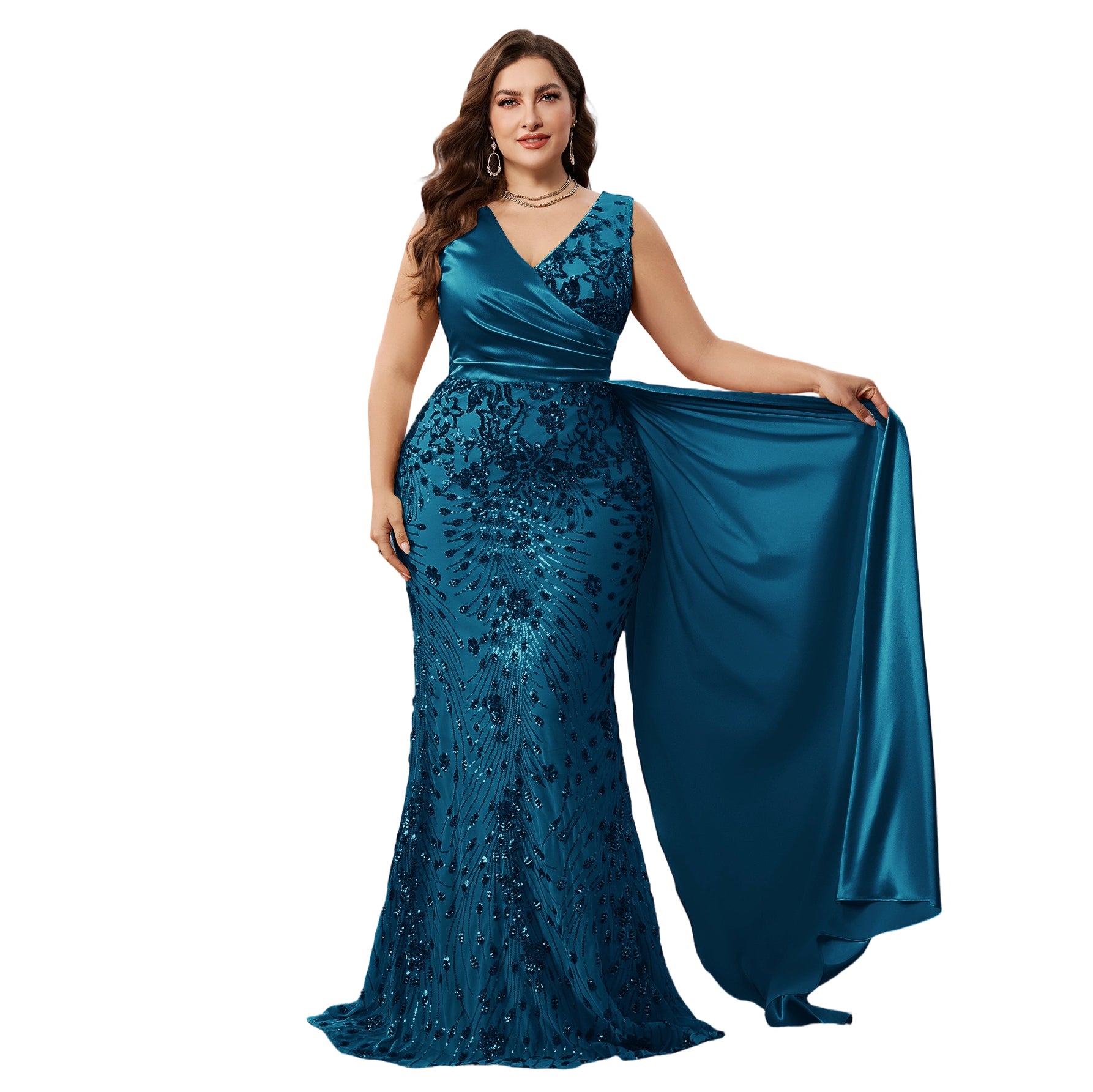 Teal Curvy Mermaid Sequin Formal Gown V Neck Satin Long Evening Dress With Flowy Train