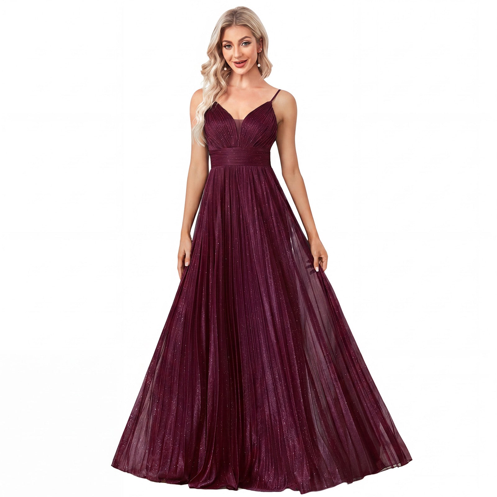 Sparkles Mesh Deep V Pleated Maxi A Line Formal Dress