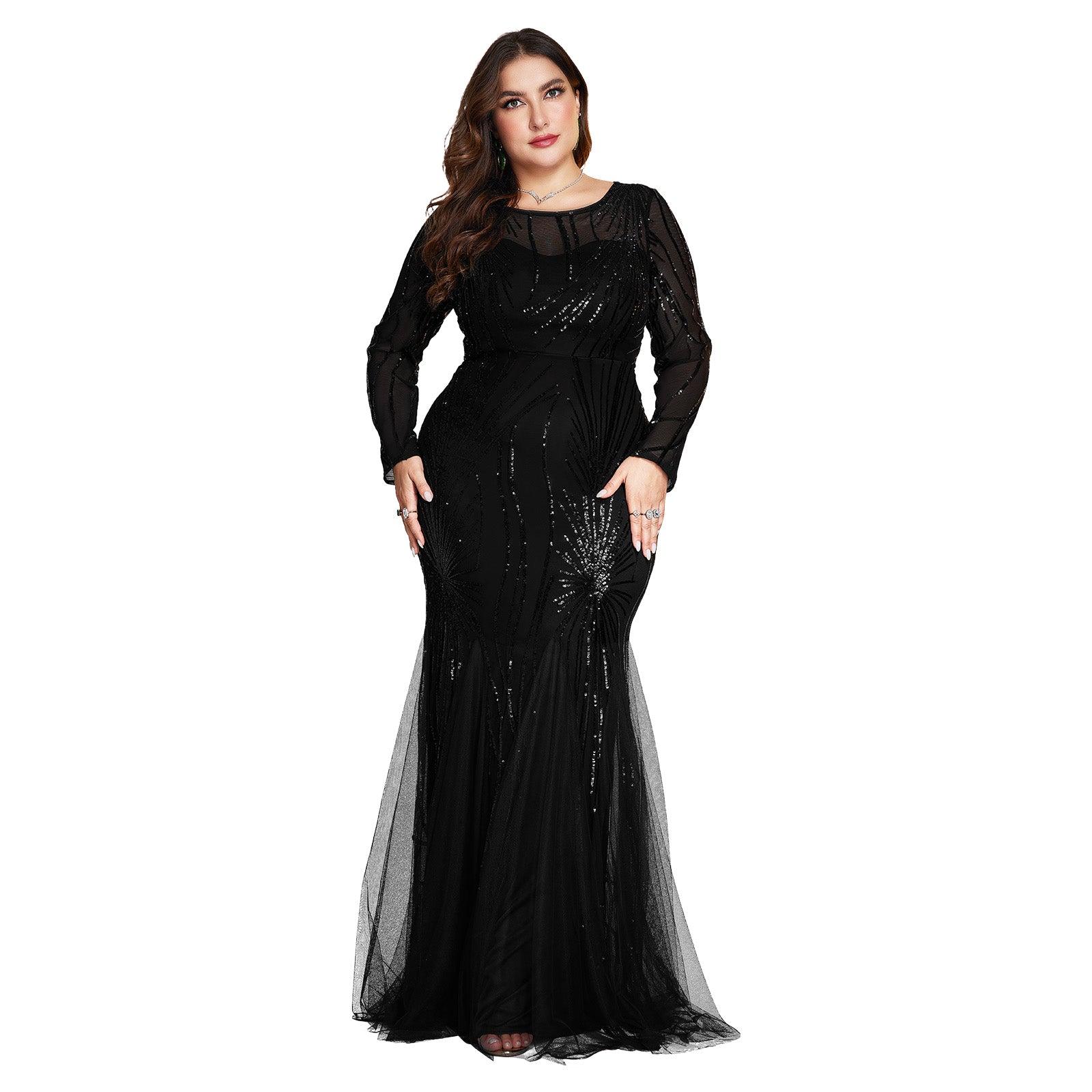 Women Plus Size Sparkle Starburst Sequin Mermaid Dress Long Sleeve Mesh Formal Gown for Black Tie Event