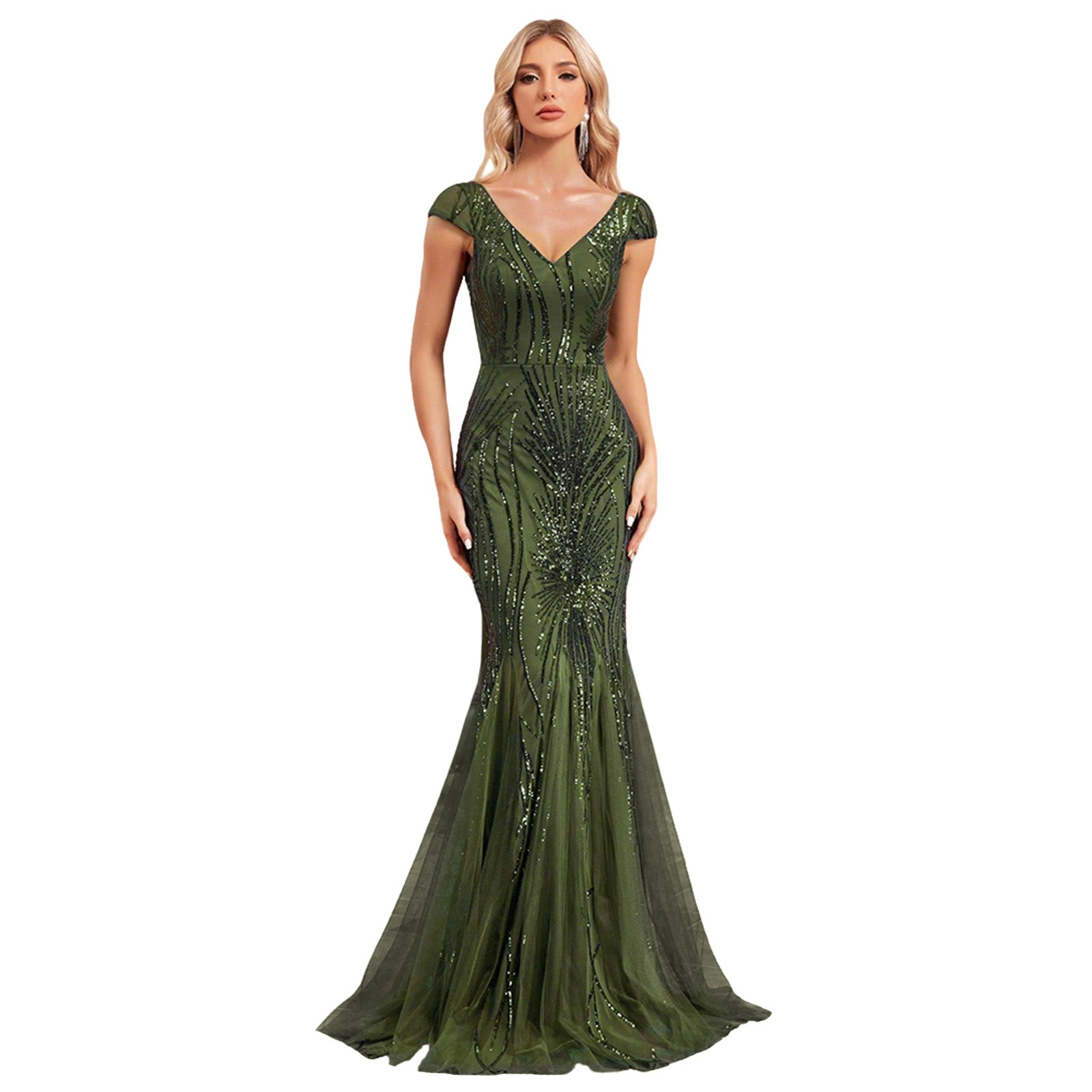 Sequin Cap Sleeve V-Neck Mermaid Maxi Dress