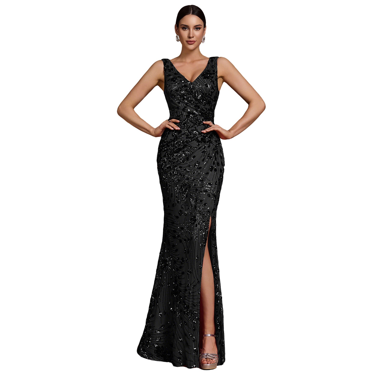 Embroidered Sequin Deep V Slit Mermaid Maxi Formal Gown