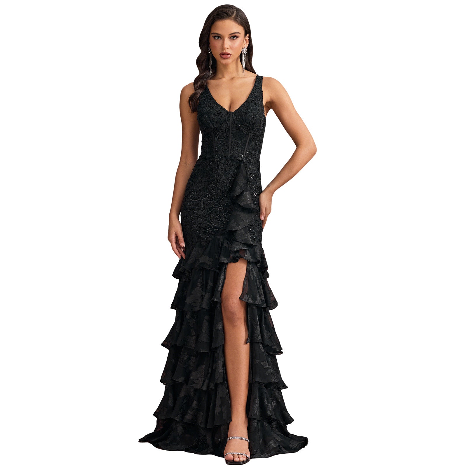 Tiered Ruffle Lace V-Neck Mermaid Maxi Formal Dress