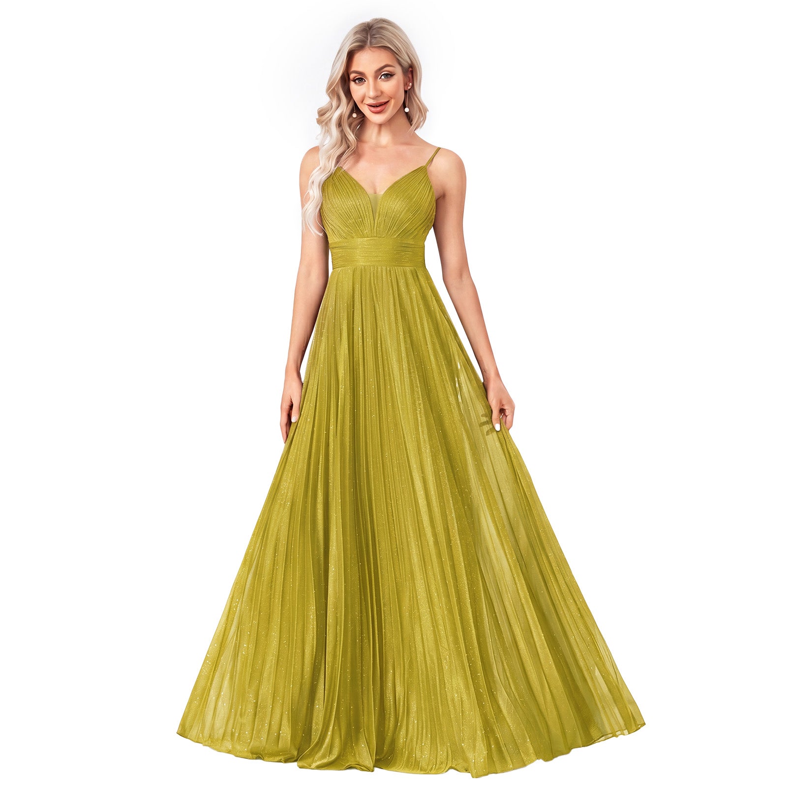 Sparkles Mesh Deep V Pleated Maxi A Line Formal Dress